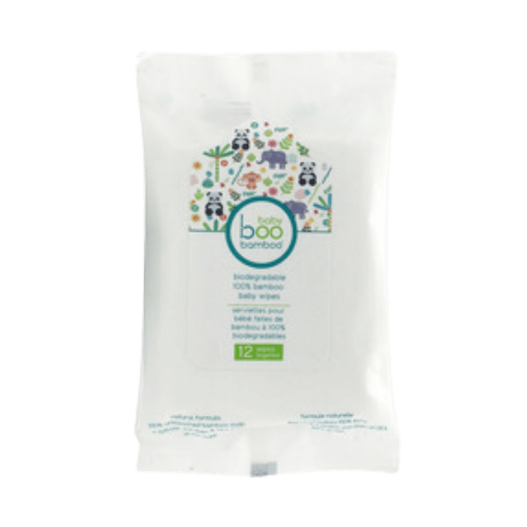 Baby Boo Bamboo 12-pack of travel baby wipes in a white container with green writing and resealable packaging.