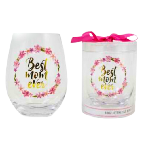 Stemless wine glass featuring 'Best Mom Ever' surrounded by pink flowers, in a decorative container with a bow.