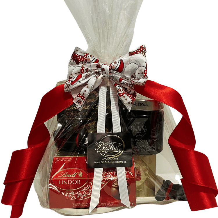 A wrapped gift featuring a snowman-shaped cheese board as the base, adorned with red and white ribbons and a playful bow decorated with snowmen, creating a festive and inviting holiday presentation.