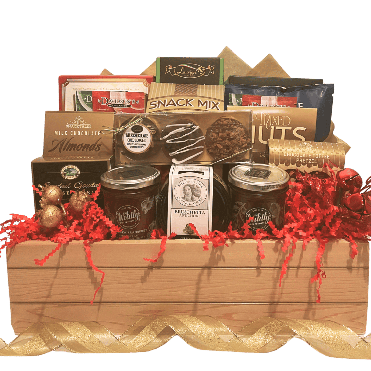 A festive snack crate filled with an assortment of delicious treats, perfect for enjoying during the holiday season. 