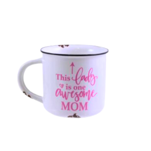White ceramic mug with pink script text that reads 'This lady is one awesome mom'.