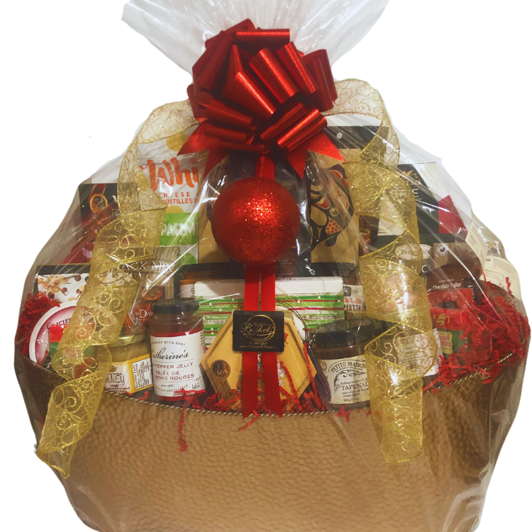 Bountiful Holiday Indulgence gift basket in an embossed gold container, elegantly wrapped in cellophane and adorned with festive holiday ribbons, showcasing a luxurious assortment of gourmet treats.